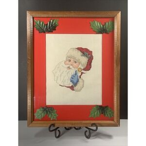 Vtg Crossstitch Or Needlepoint Santa Framed Matted Picture 15"x12.25" Christmas